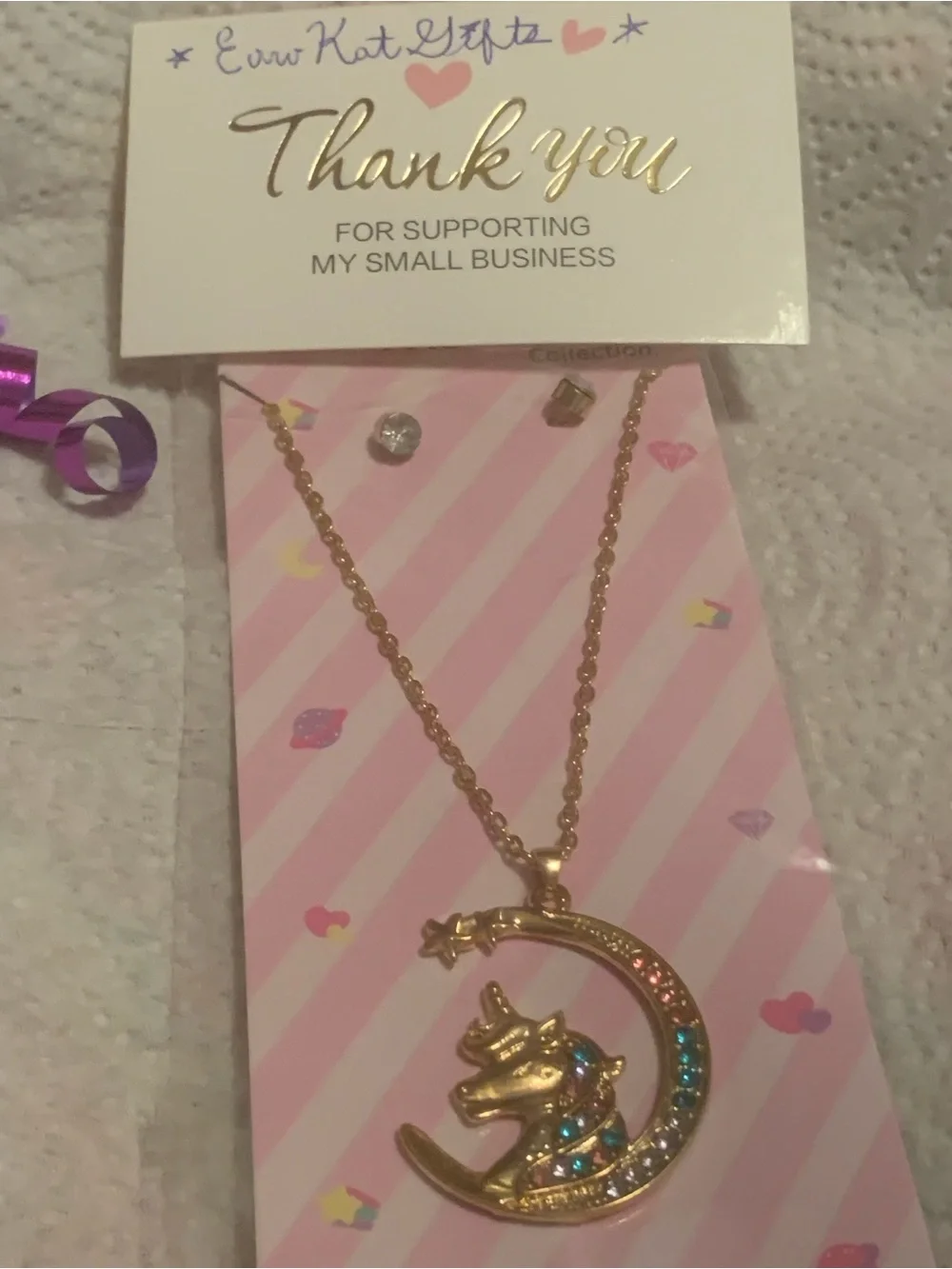 Private Label Gold Unicorn Moon Pendant Necklace Earring Set Pink Blue Crystals